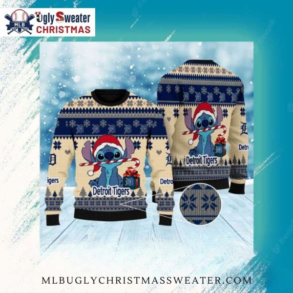 Stitch Detroit Tigers Candy Cane Christmas Ugly Christmas Sweater