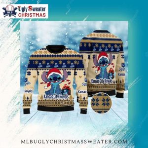 Stitch Holding Candy Cane KC Royals Christmas Sweater