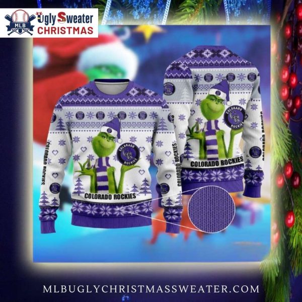 Striped Grinch Colorado Rockies Ugly Sweater Purple Edition