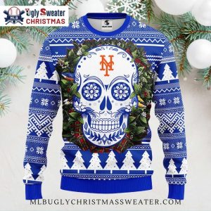 Sugar Skull Mets Wreath Ugly Christmas Sweater – NY Mets Sweater