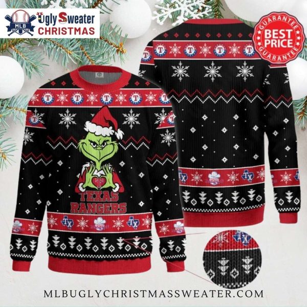 Texas Rangers Grinch Heart Snowflakes Ugly Christmas Sweater