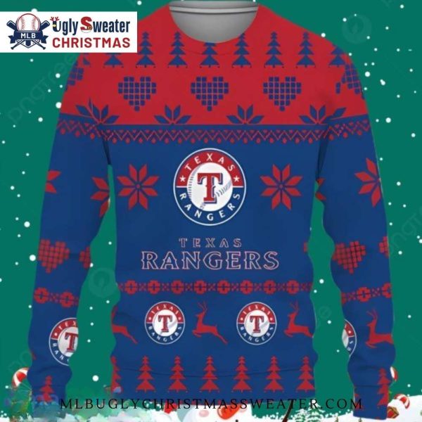 Texas Rangers Hearts And Trees Festive Ugly Christmas Sweater