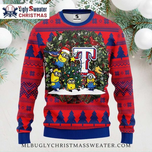 Texas Rangers Minions Festive Wreath Ugly Christmas Sweater