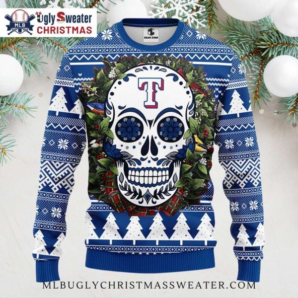 Texas Rangers Sugar Skull Wreath Ugly Christmas Sweater