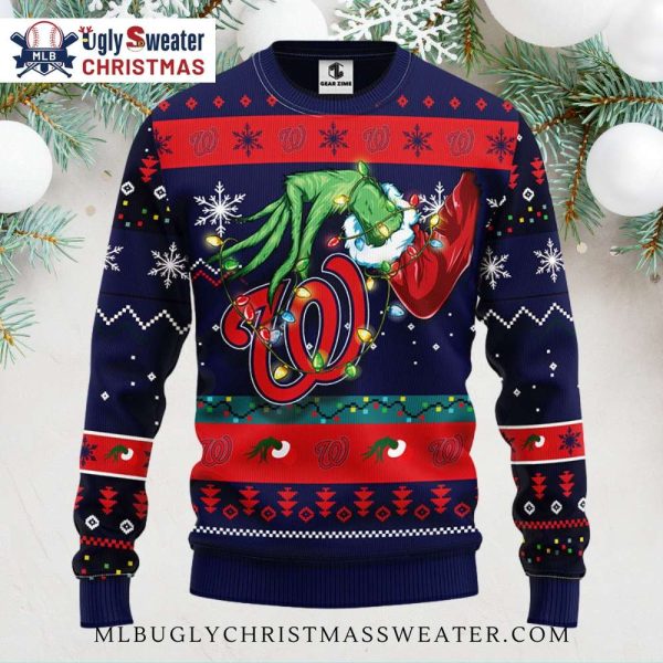 Washington Nationals Grinch-Themed Ugly Christmas Sweater Lights Design