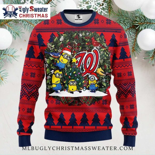 Washington Nationals Minions Ugly Christmas Sweater With Festive Wreath