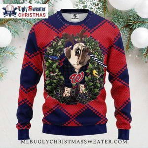 Washington Nationals Ugly Christmas Sweater With Pug And Reindeer Antlers