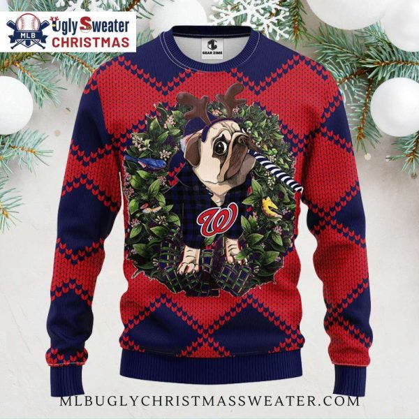 Washington Nationals Ugly Christmas Sweater With Pug And Reindeer Antlers