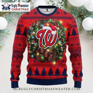 Washington Nationals Ugly Christmas Sweater With Wreath And Santa Hat