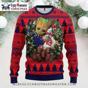 Washington Nationals Ugly Sweater With Groot And Christmas Lights Design