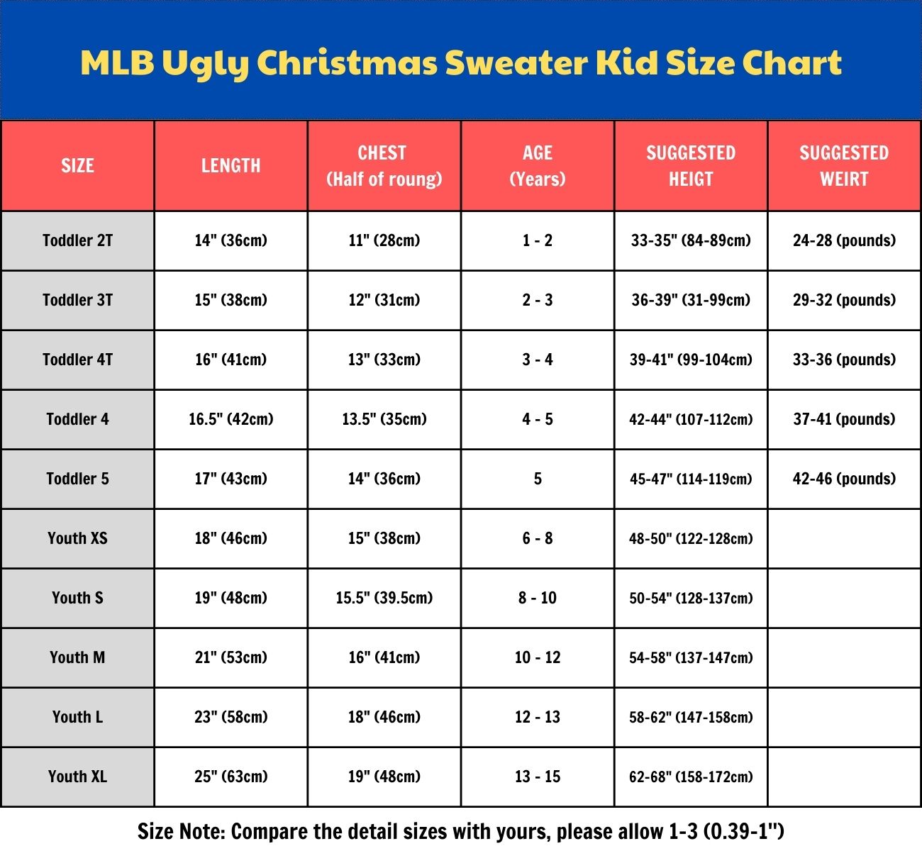 MLB Ugly Christmas Sweater Kid Size Chart