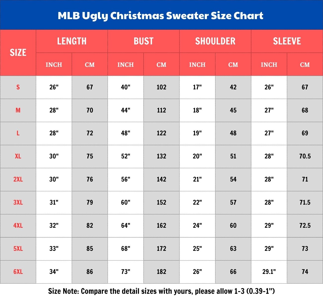 MLB Ugly Christmas Sweater Size Chart